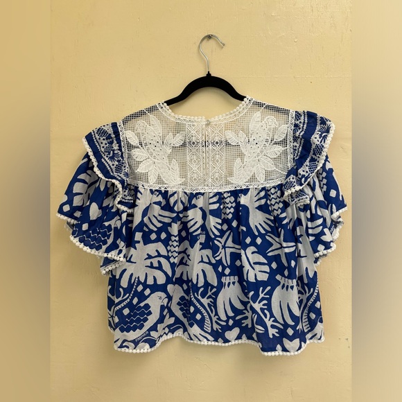 FARM RIO Navy Blue Jungle Scarf Lace Ruffle Sleeve Blouse - Picture 12 of 16